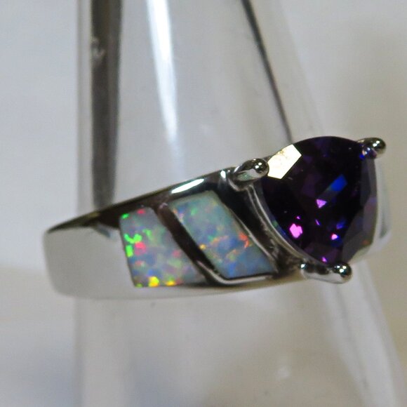 Silver Ring Size 7 White Lab Fire Opal Inlay 6mm * 6mm Amethyst New Old Stock - Picture 3 of 10